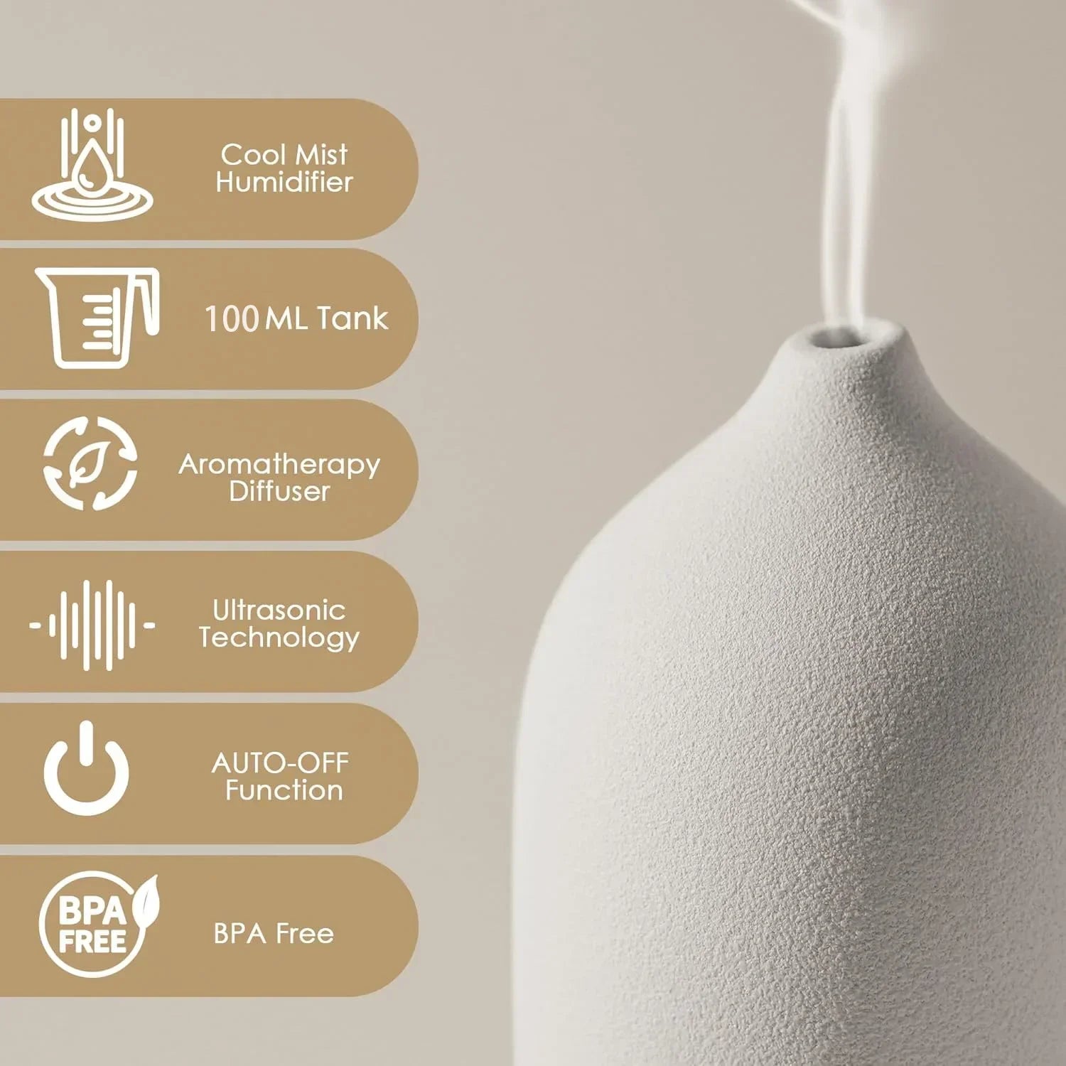 Diffuseur d’Huiles Essentielles Ultrasonique 100 ml en Céramique – 7 LED & Minuterie