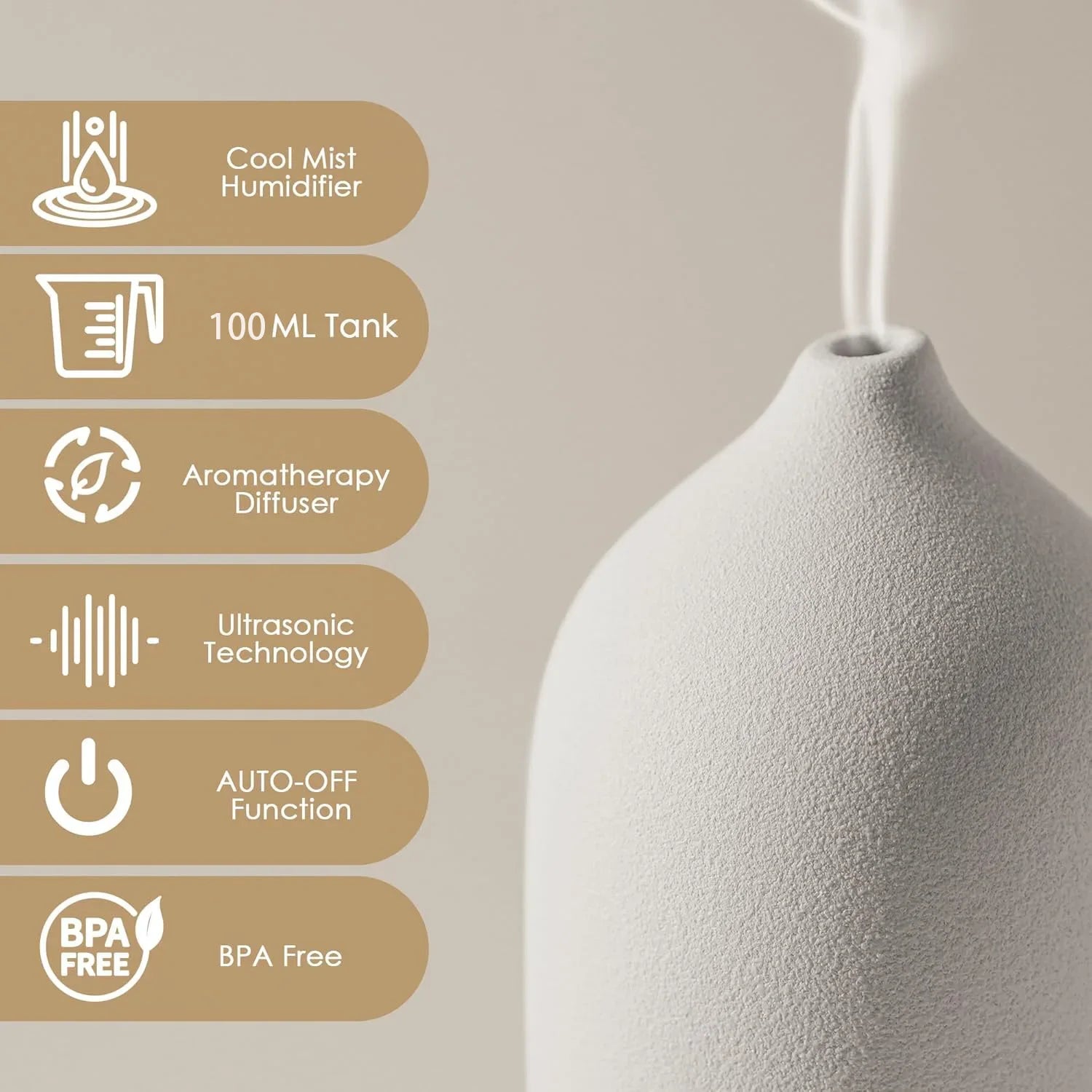 Diffuseur d’Huiles Essentielles Ultrasonique 100 ml en Céramique – 7 LED & Minuterie